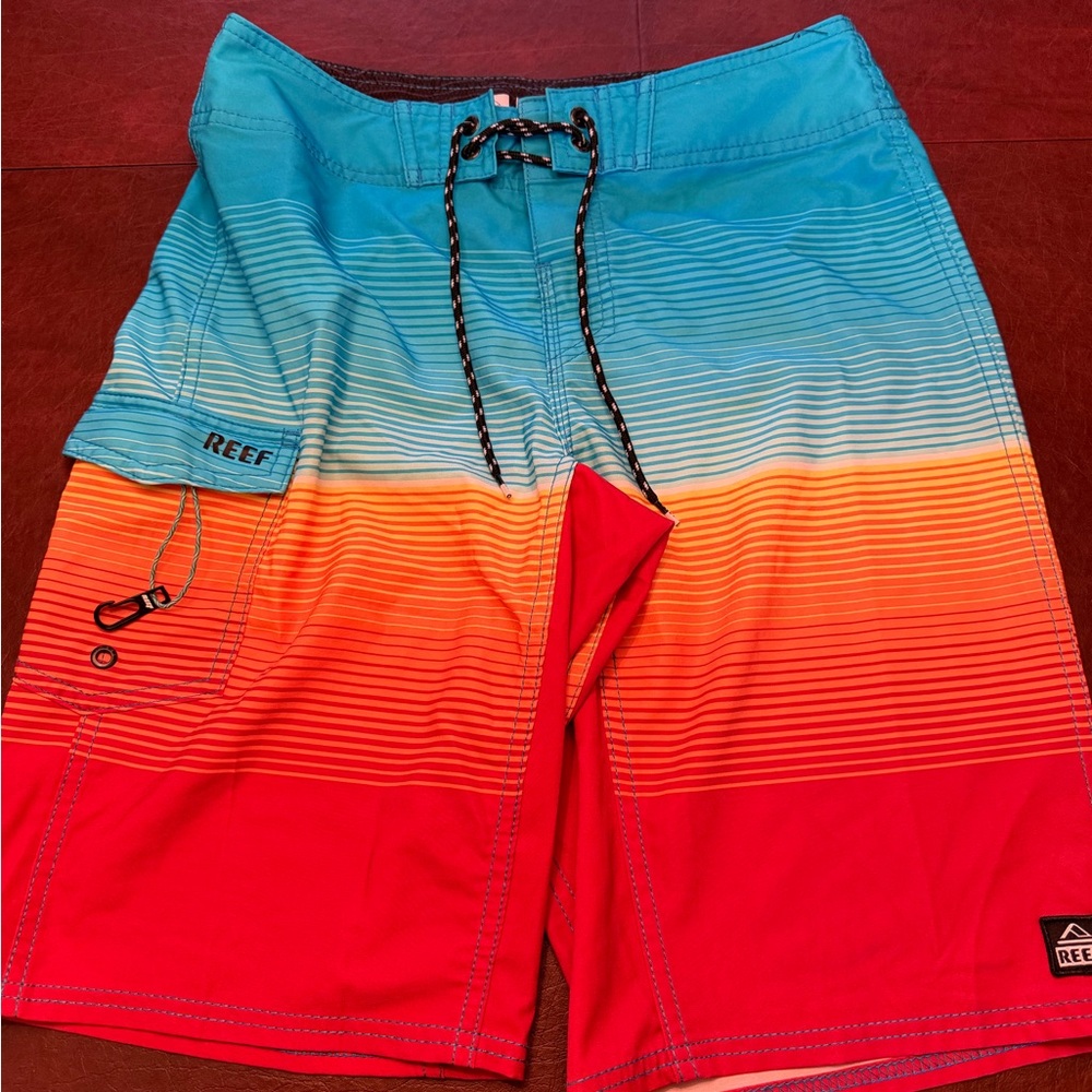 Reef Men's Blue Orange Red Gradient Stripe Board Shorts